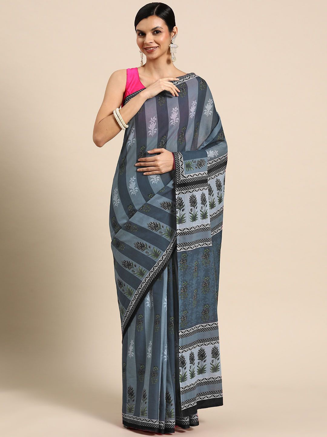 

BUTA BUTI Floral Pure Cotton Saree, Black