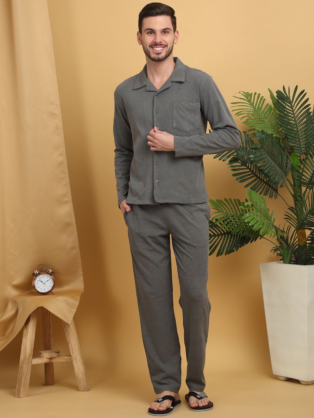 

Sweet Dreams Men Shirt Collar Solid Night suit, Grey