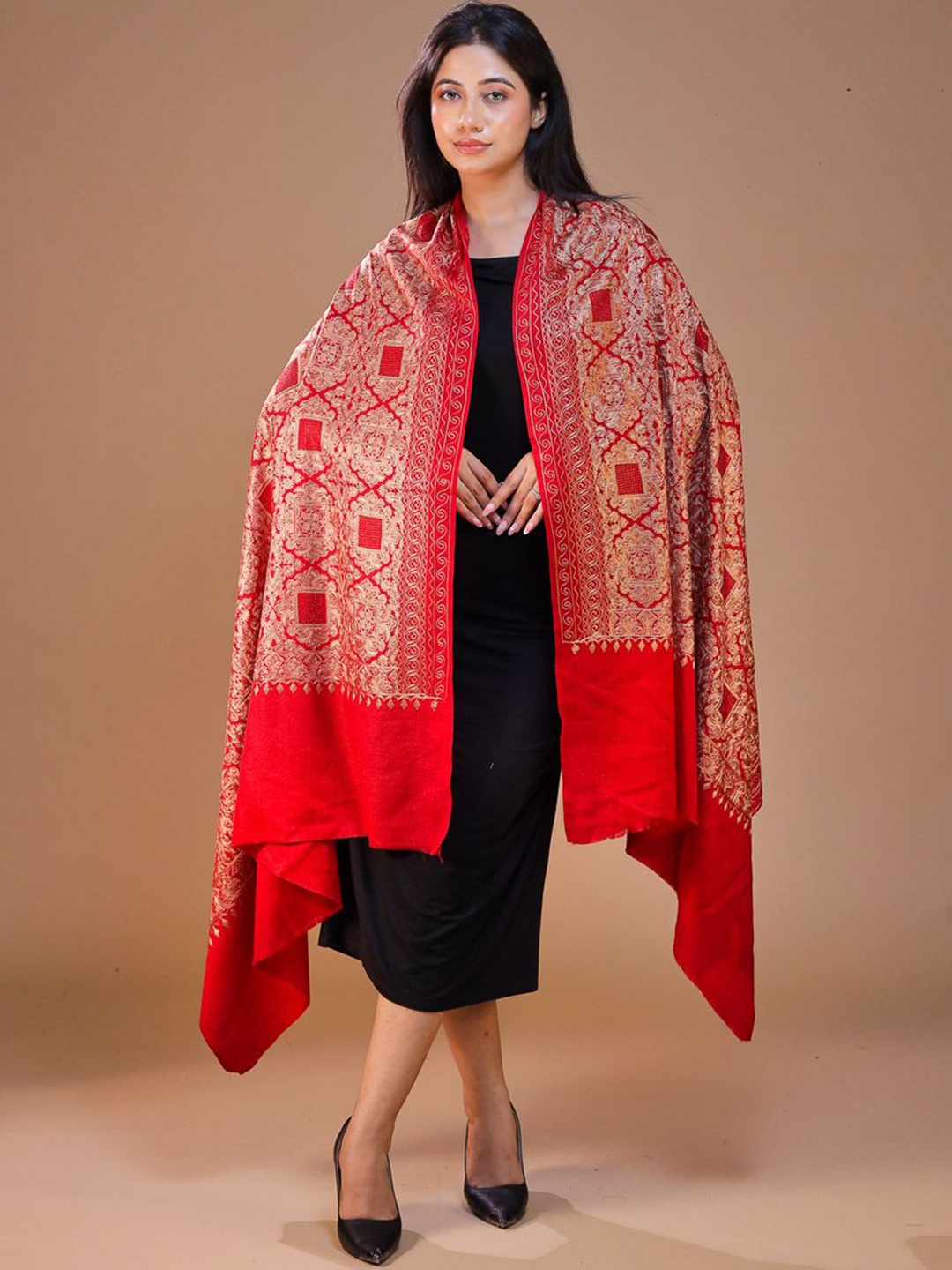 

SWI Stylish Floral Embroidered Sequinned Pashmina Pure Wool Shawl, Maroon