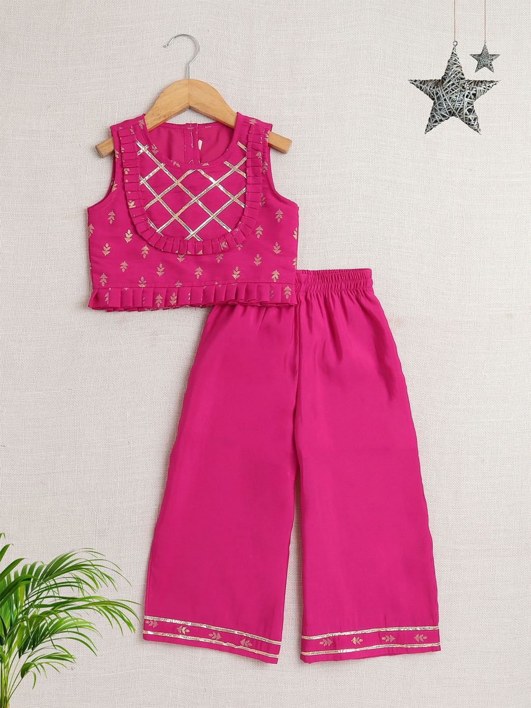 

The Magic Wand Girls Printed Round Neck Top with Trousers, Fuchsia