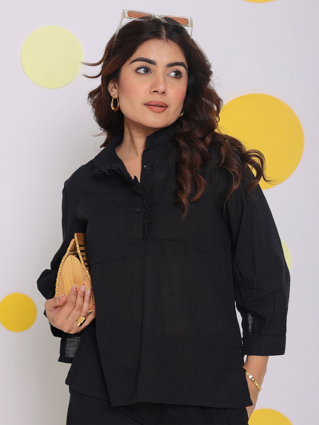 

KAORI BY SHREYA AGARWAL Women Modern Spread Collar Solid Linen Casual Shirt, Black
