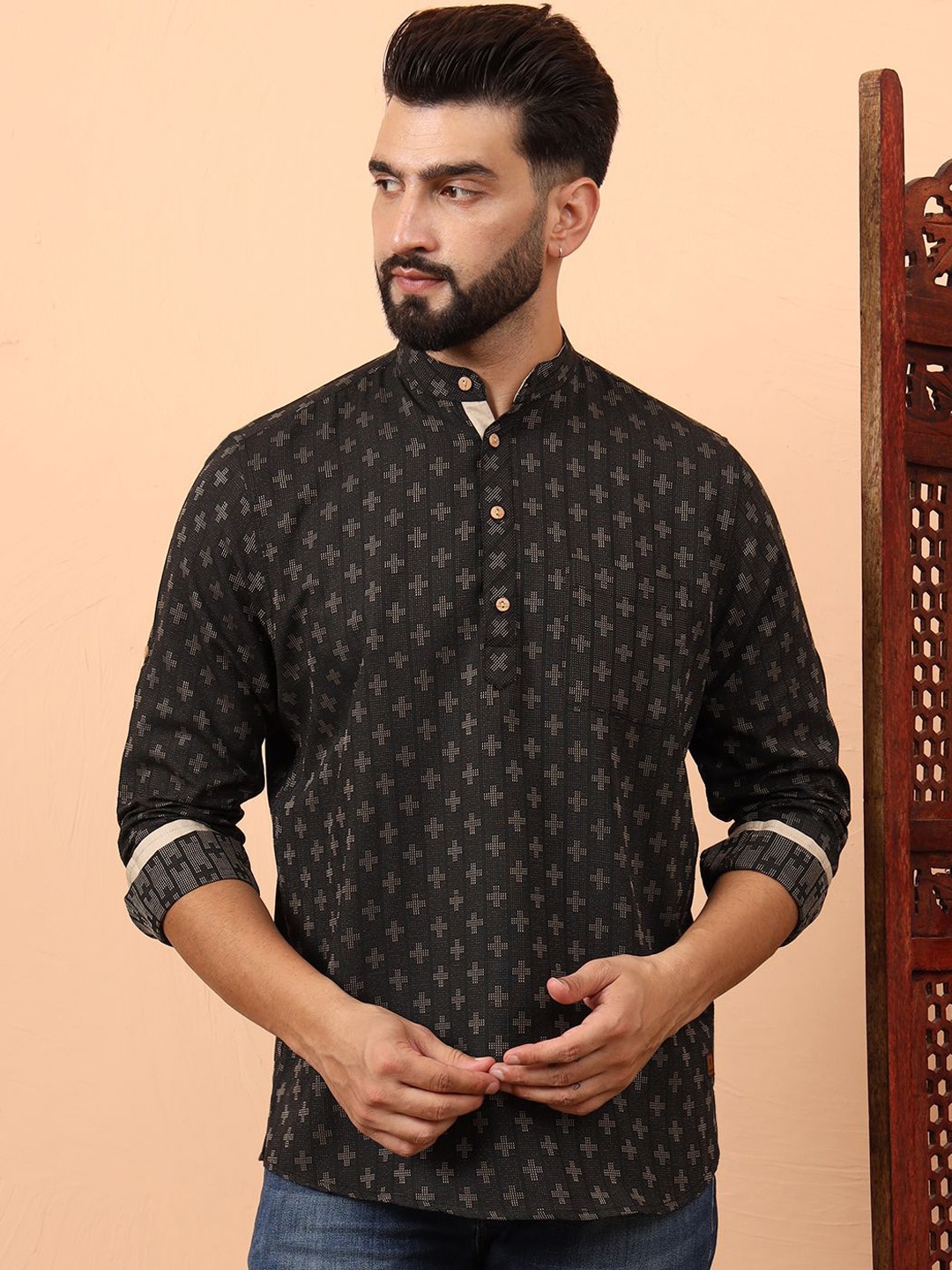 

Latest Chikan Garments Ethnic Motifs Printed Mandarin Collar Cotton Short Kurta, Black