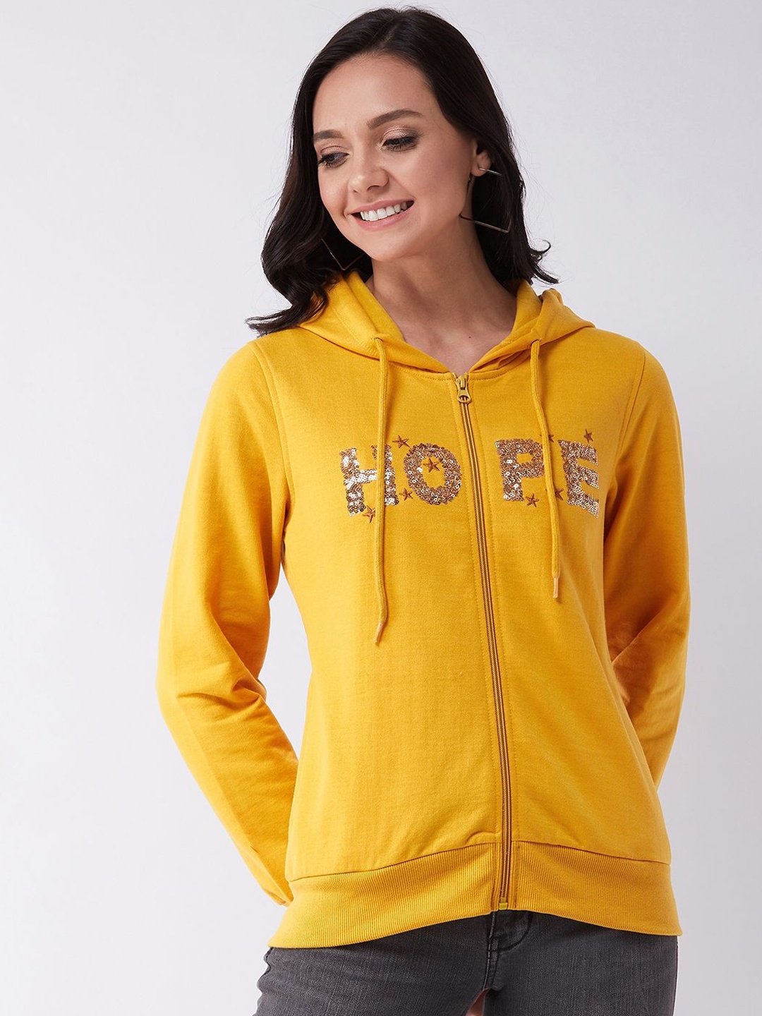 

PIVL Women Embroidered Typography Hooded Jacket, Mustard