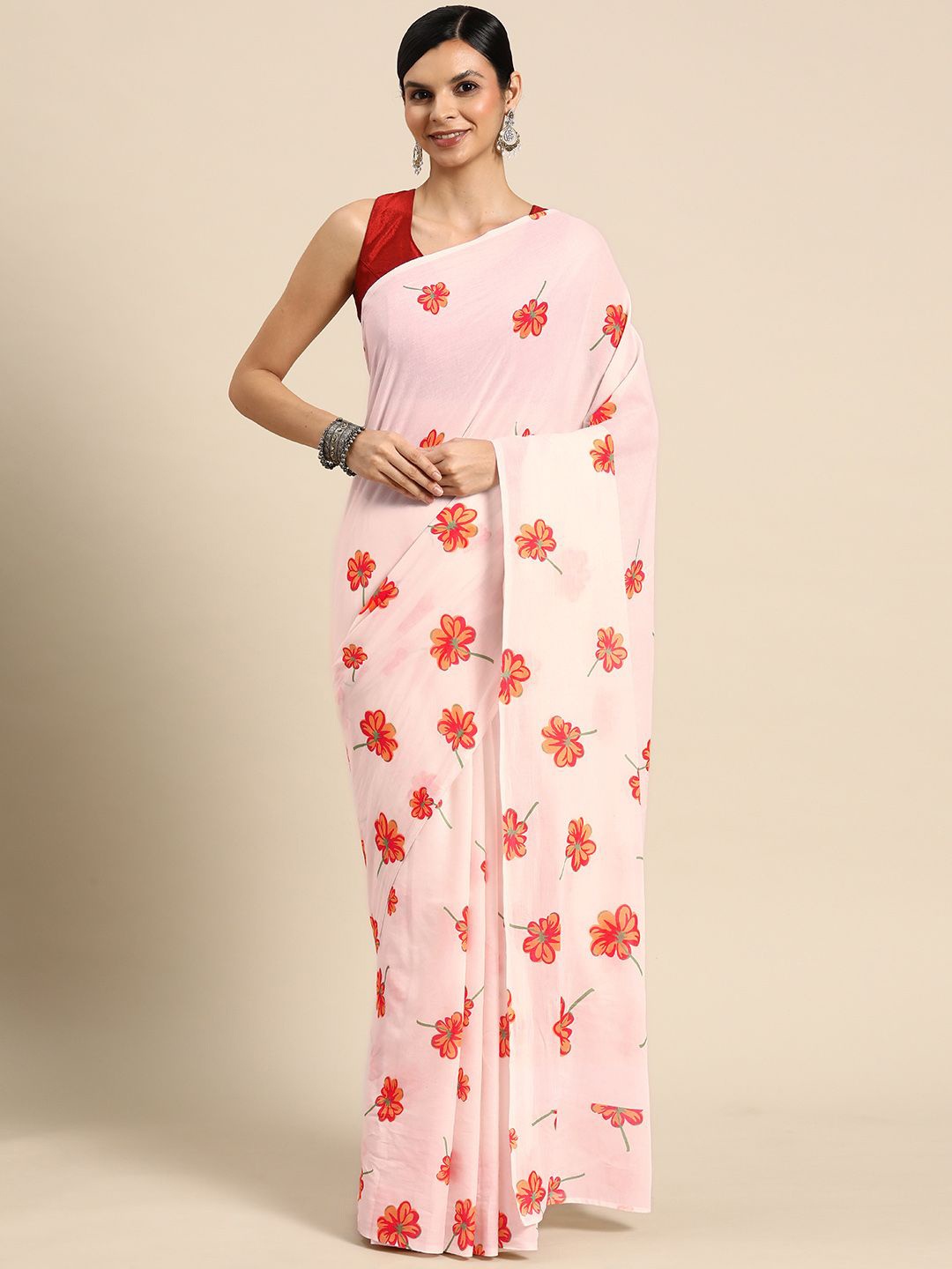 

BUTA BUTI Floral Pure Cotton Printed Saree, Red