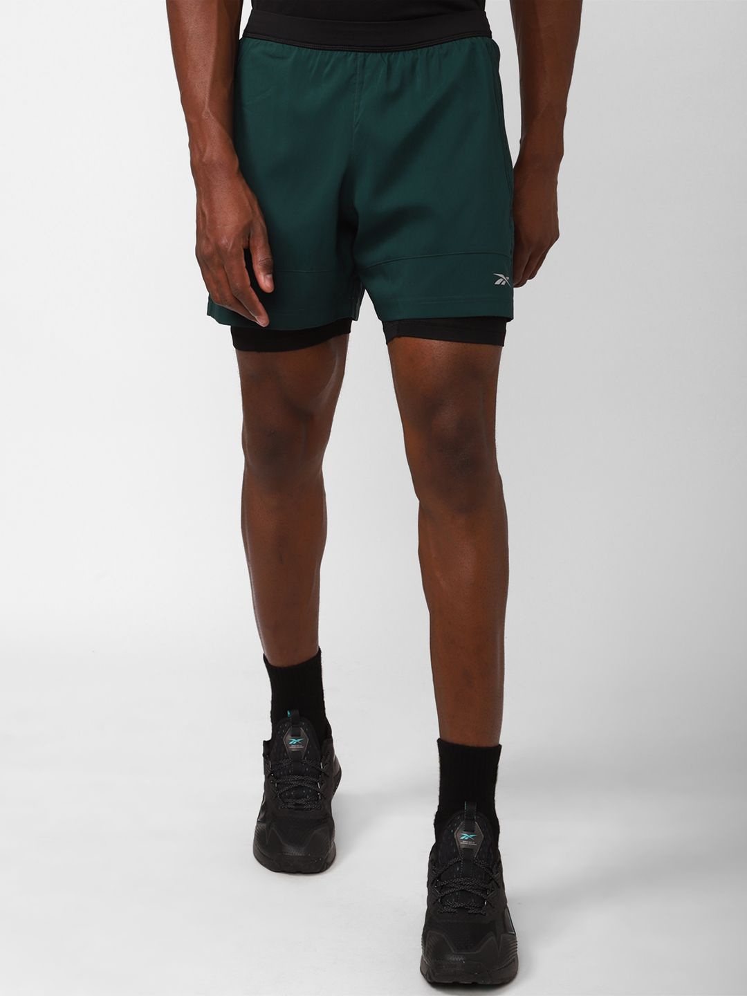 

Reebok Men Running Solid Mid-Rise Essentials 2 In 1 Shorts, Green
