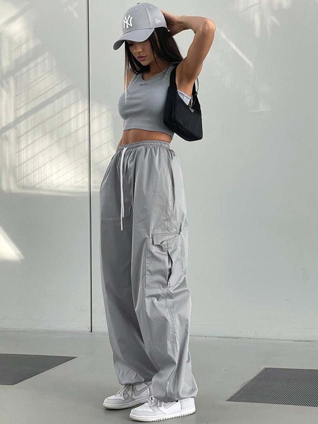 

KPOP Women Solid Relaxed Loose Fit Cargos Trousers, Silver