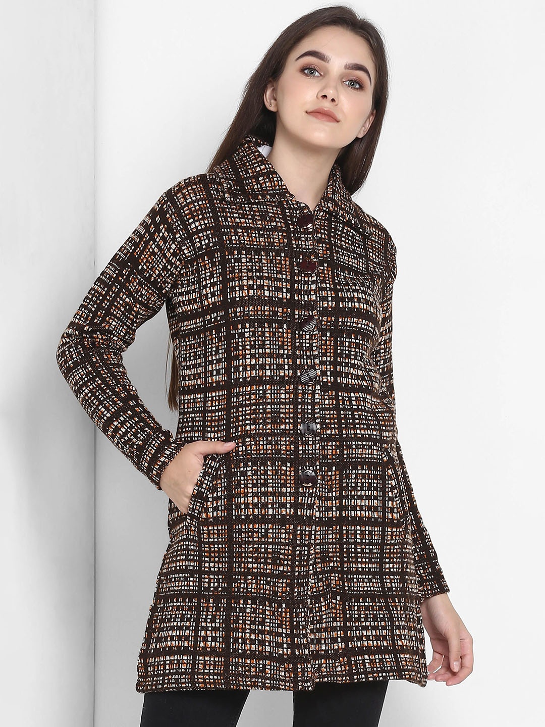 

PIVL Women Checked Printed Longline Cardigan Sweater, Brown
