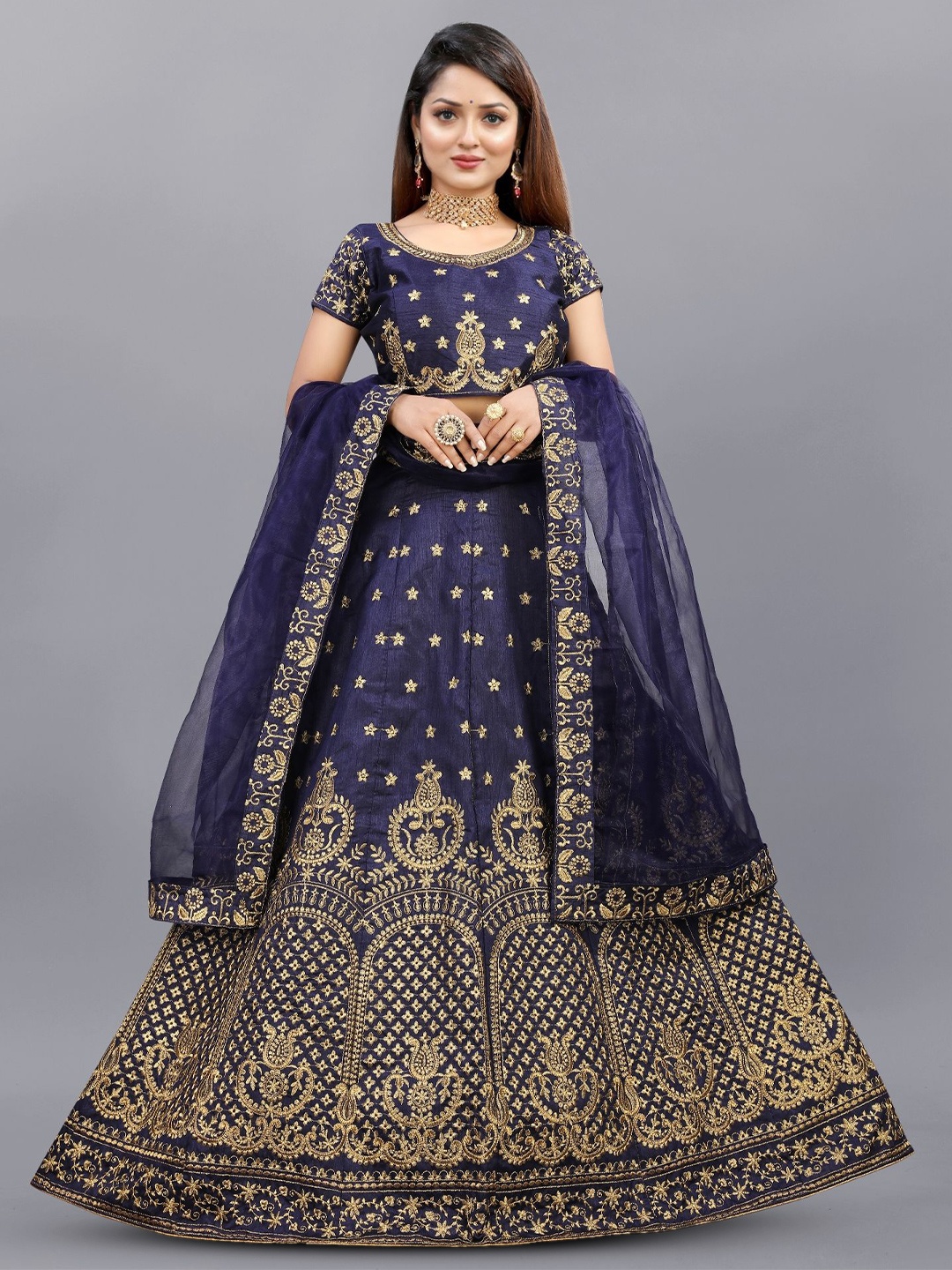 

APNISHA Embroidered Thread Work Semi-Stitched Lehenga & Unstitched Blouse With Dupatta, Blue