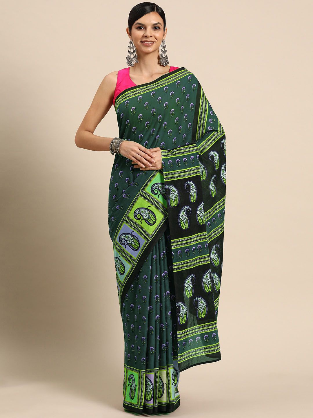 

BUTA BUTI Floral Printed Pure Cotton Saree, Green