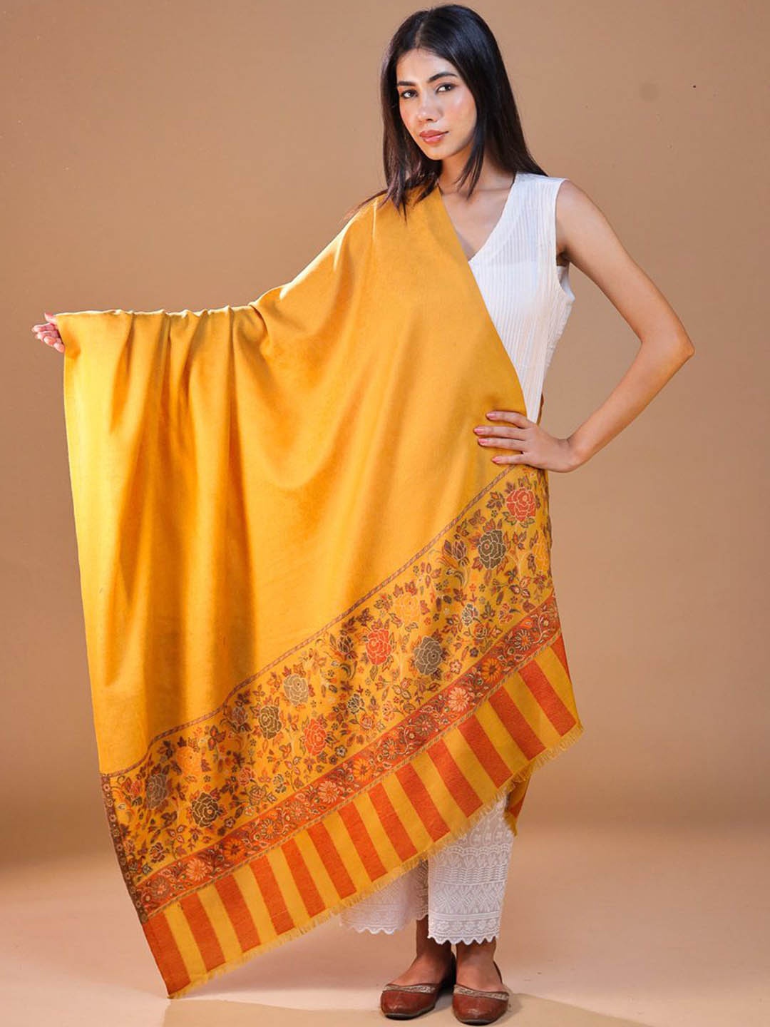 

SWI Stylish Floral Woven Design Kani Shawl, Yellow