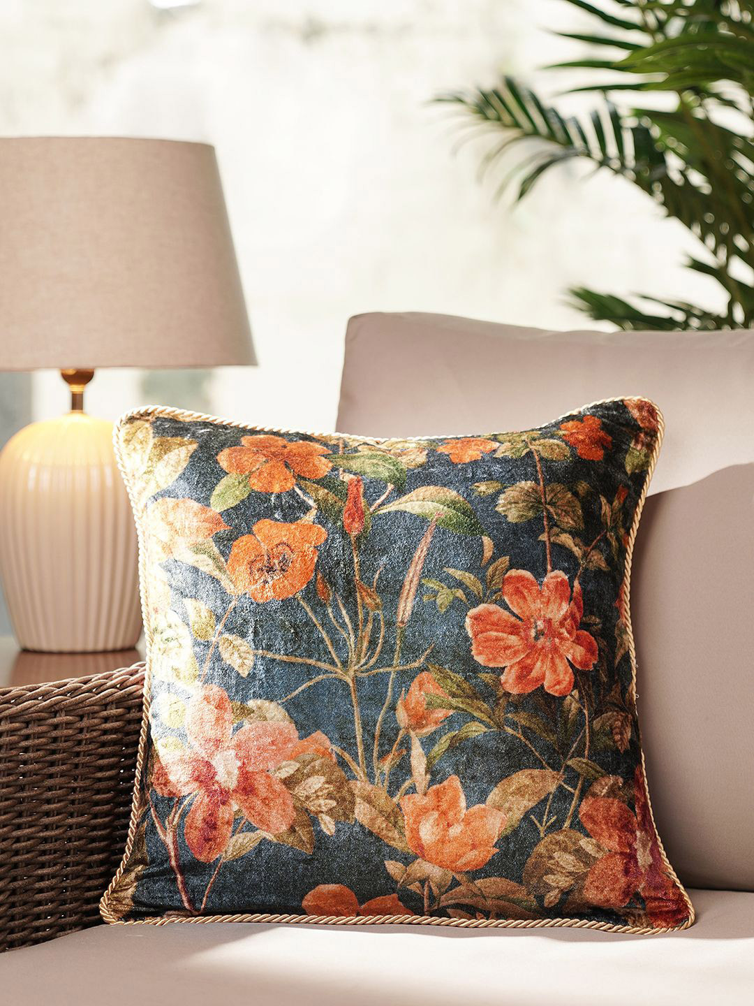 

Pure Home and Living Blue & Orange Floral Printed Velvet Square Cushion Covers