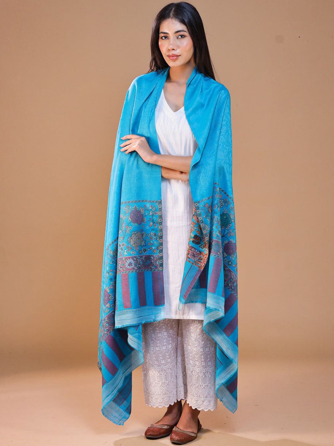 

SWI Stylish Women Floral Kani Woven Design Shawl, Turquoise blue