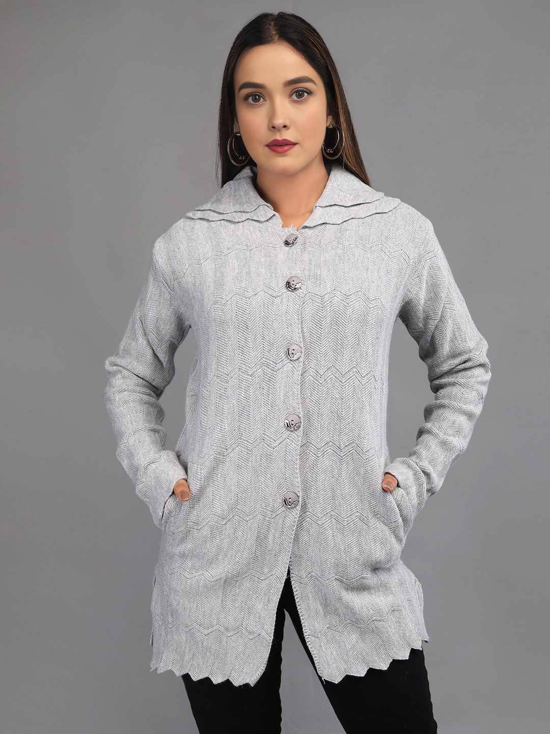 

TYSORT Women Woollen Self design Longline Cardigan, Grey
