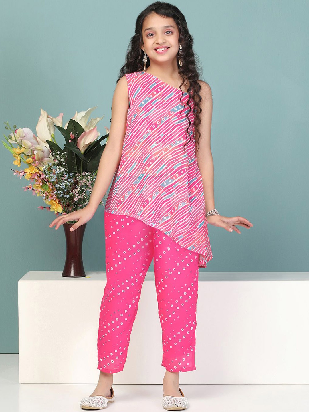 

BAESD Girls Leheriya Printed One Shoulder A-Line Kurti With Trouser, Pink