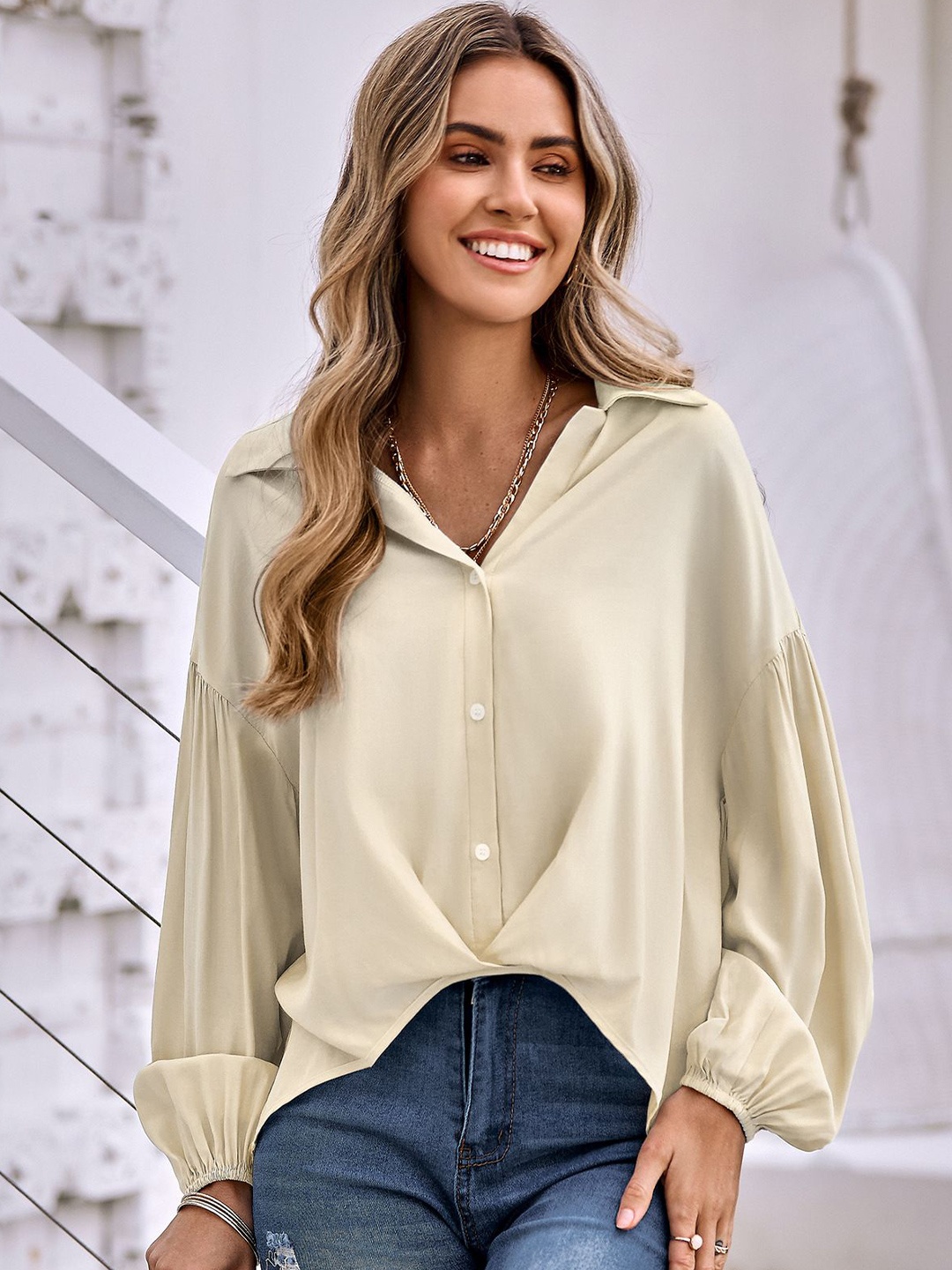 

StyleCast Women Comfort Spread Collar Solid Casual Shirt, Cream