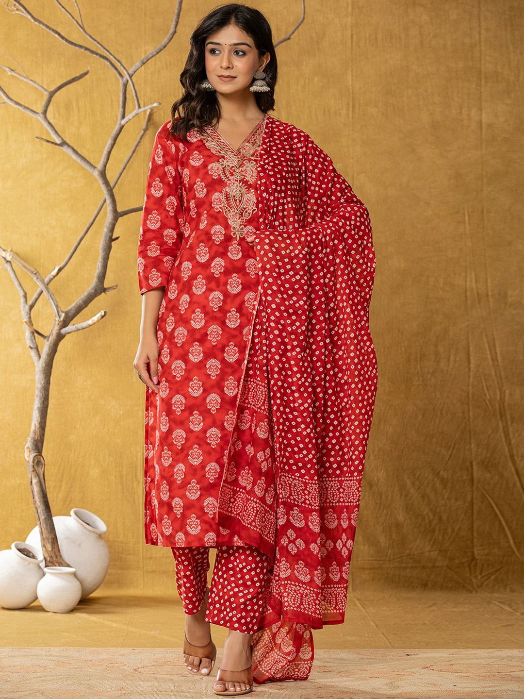 

Yufta Floral Printed Sequinned Pure Cotton Straight Kurta With Trousers & Dupatta, Red