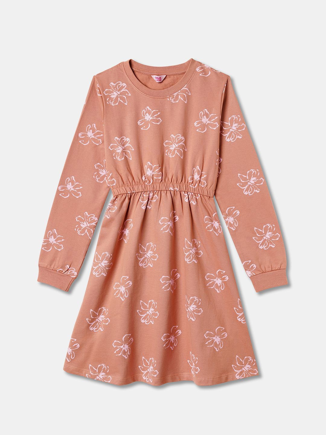 

R&B Floral Printed Cuffed Sleeves Fit & Flare Dress, Brown