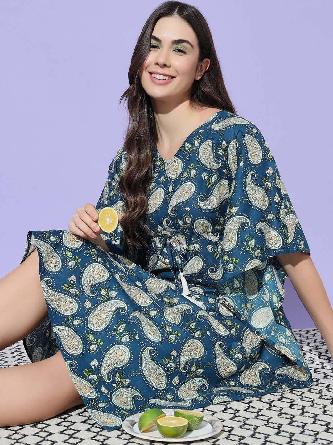 

ETC Women Floral Printed Pure Cotton Kaftan Midi Nightdress, Blue