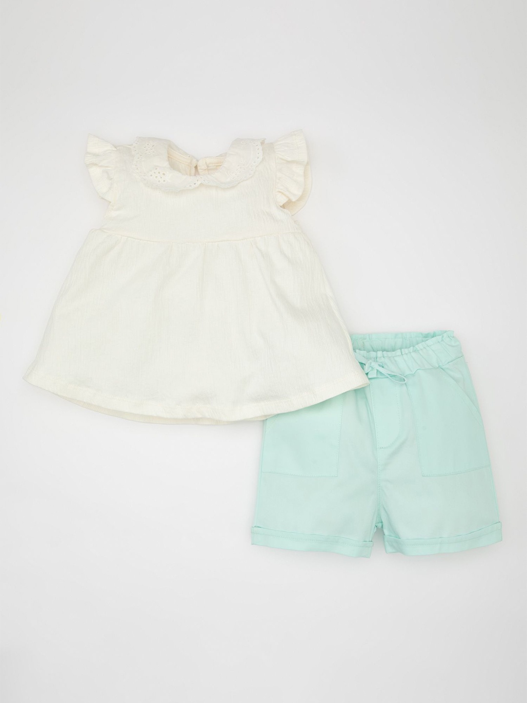 

DeFacto Girls Self Design A-Line Pure Cotton Top With Shorts, Off white