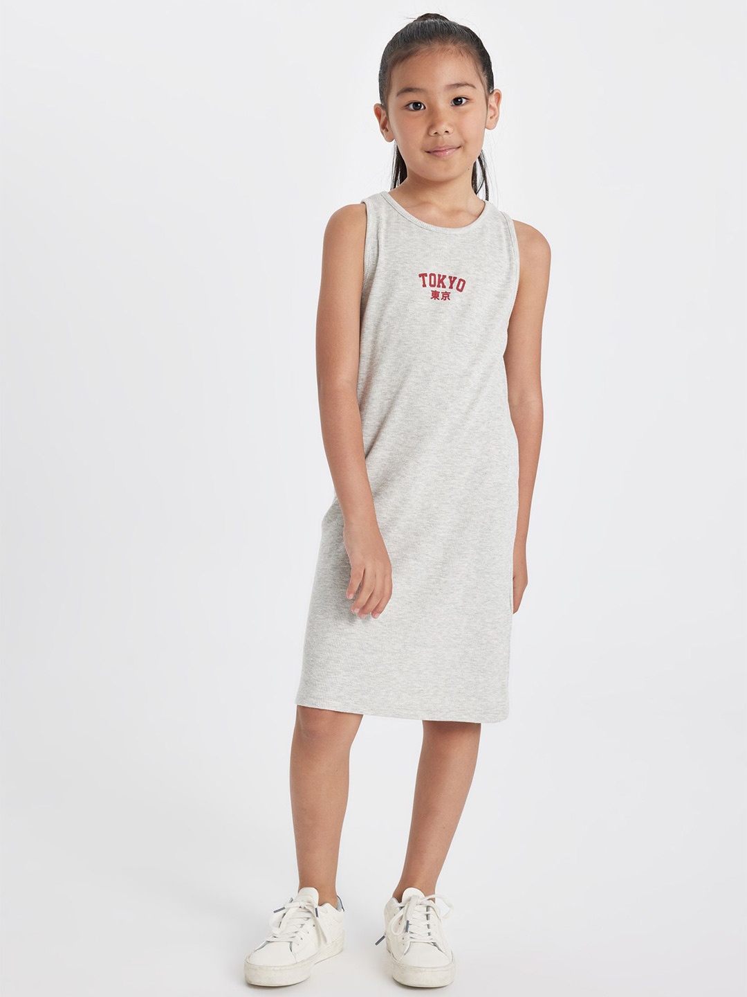 

DeFacto Girls Typogaphy printed Round Neck Sleveeless A-Line Dress, Na