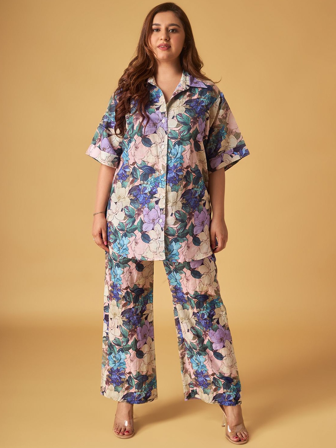 

Maisolos Floral Printed Short Sleeves Linen Shirt With Trousers, Pink