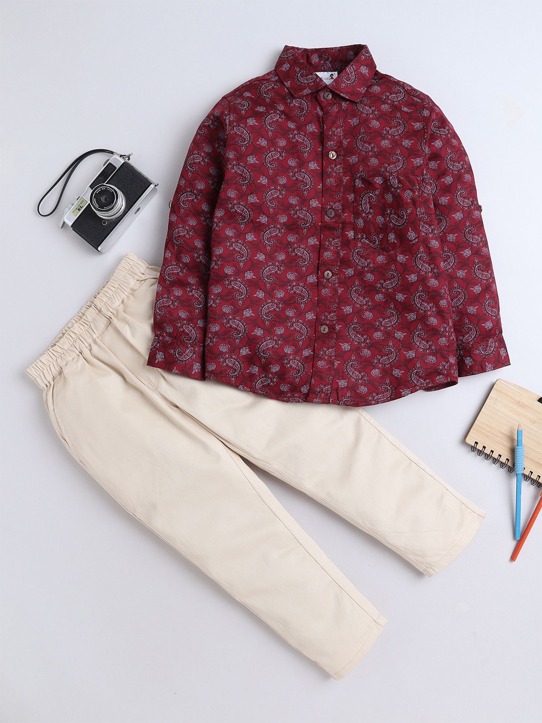 

BAATCHEET Boys Printed Cotton Shirt with Trousers, Red