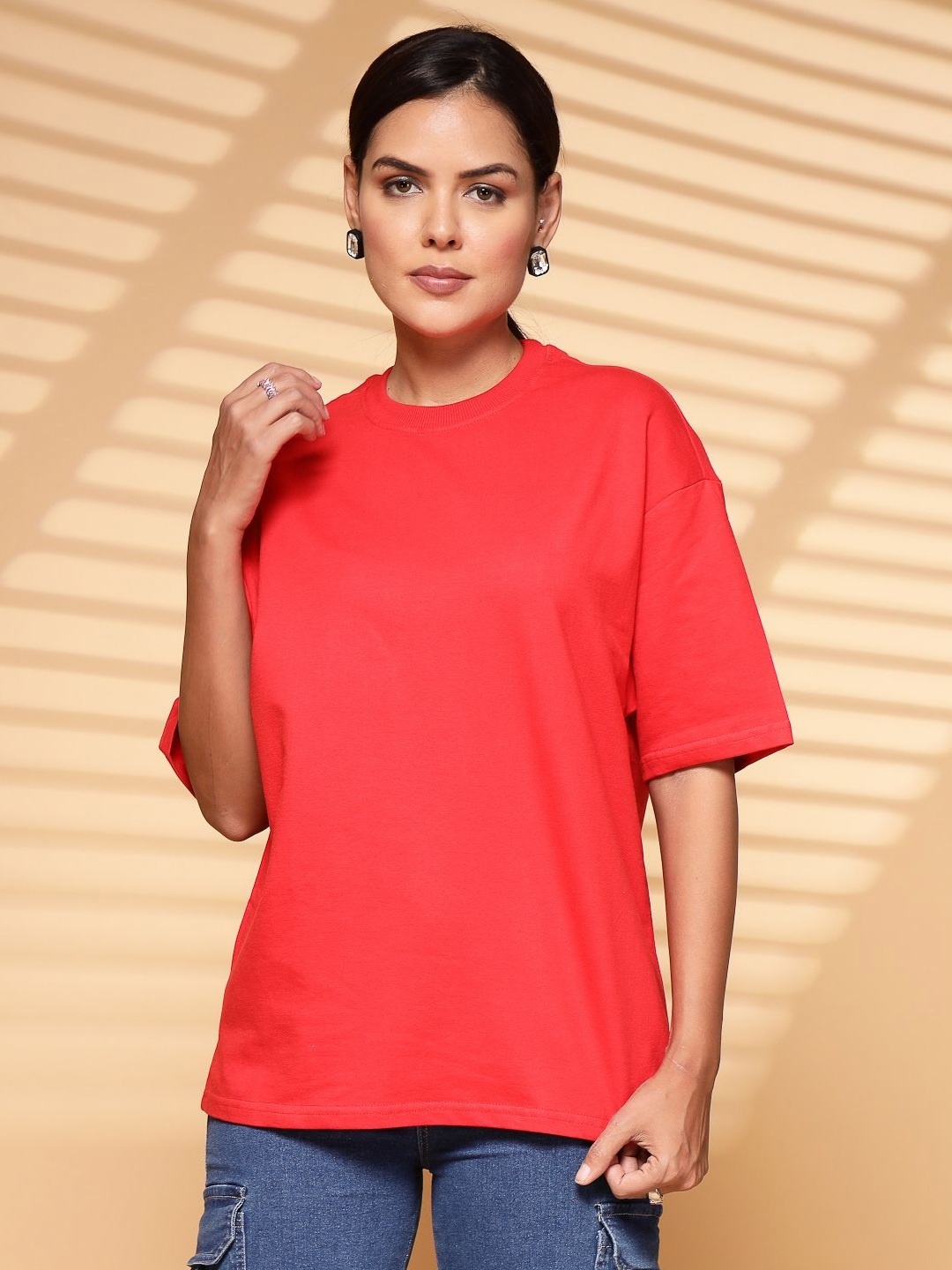 

TANYAA Unisex Bio Finish Solid Round Neck Pure Cotton Oversized T-shirt, Red