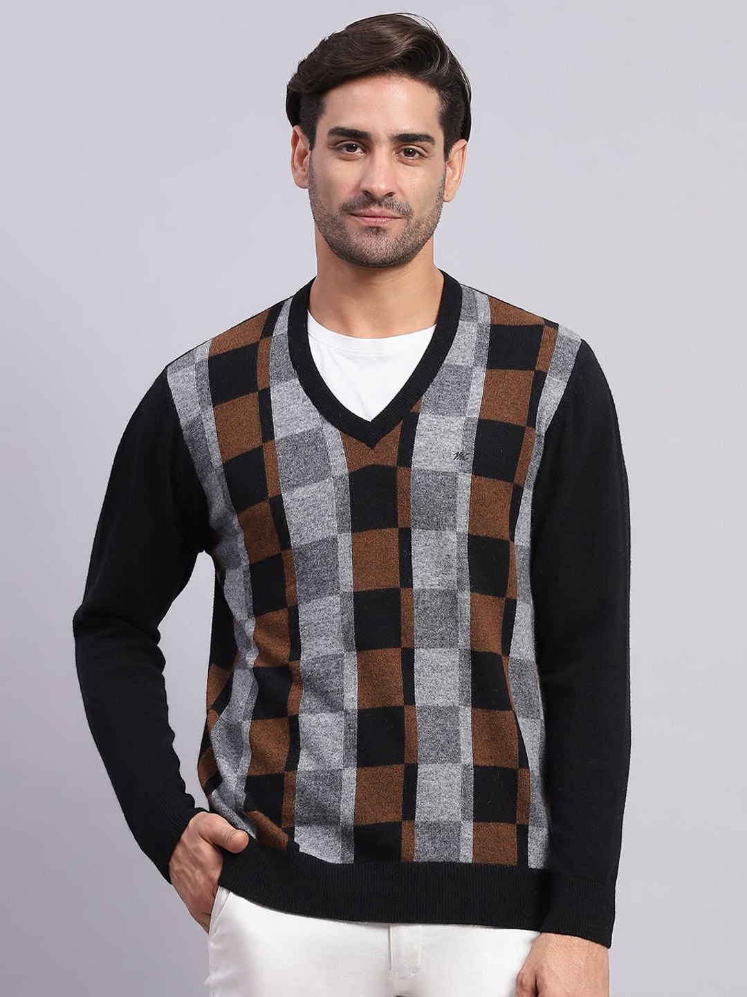 

Monte Carlo Men Self Design Checked Woollen Pullover, Black