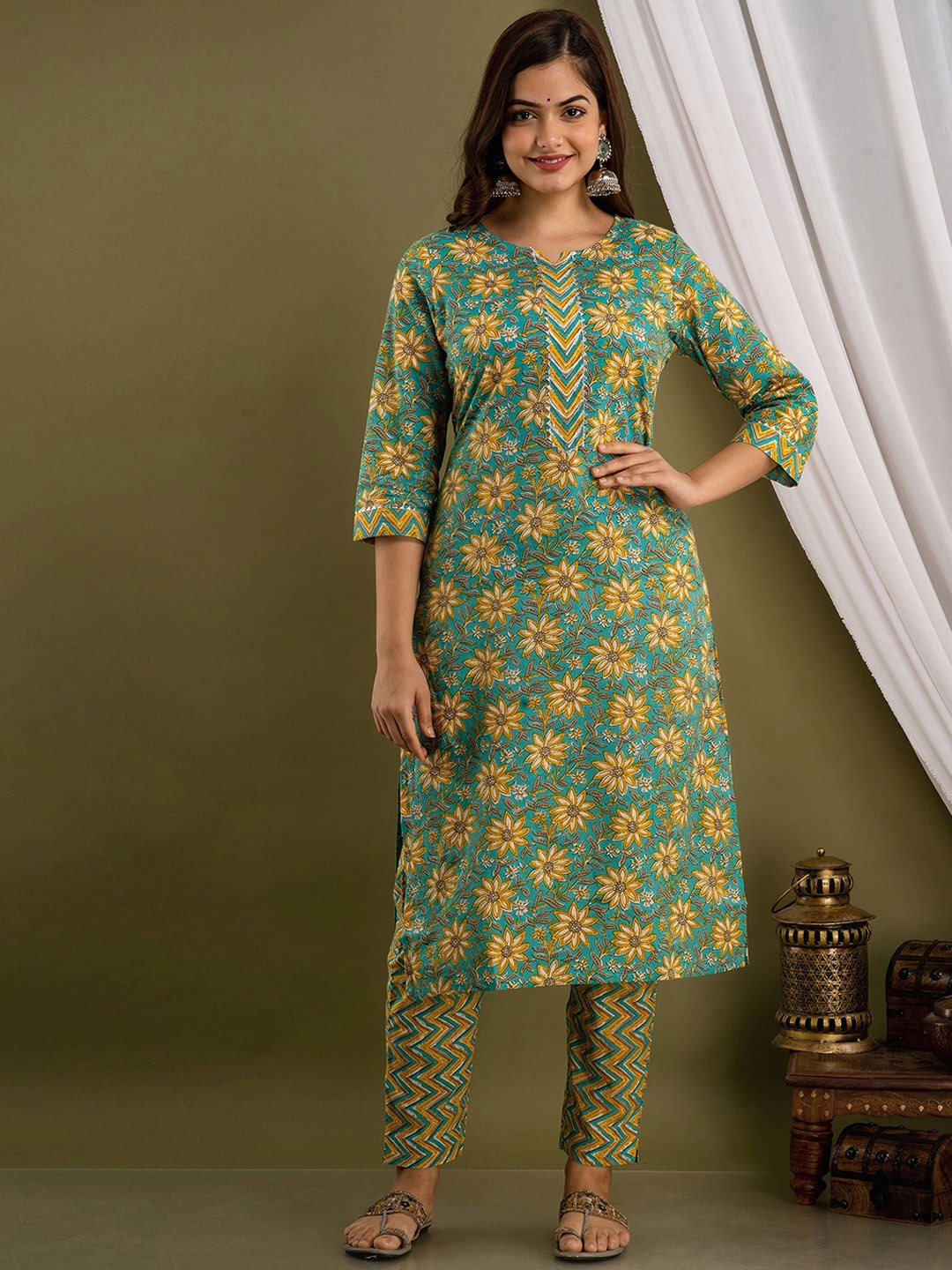 

His&Her Floral Printed Pure Cotton Straight Kurta with Trousers & Dupatta, Sea green