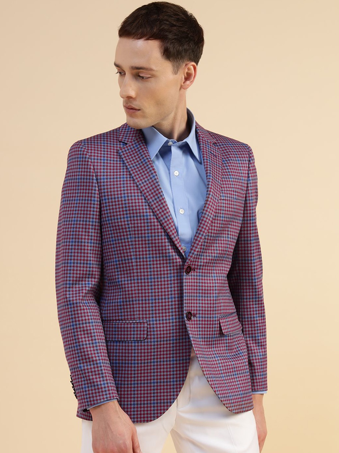 

Givo Tailored Fit Checked Double Vent Single Breasted Cotton Formal Blazer, Blue