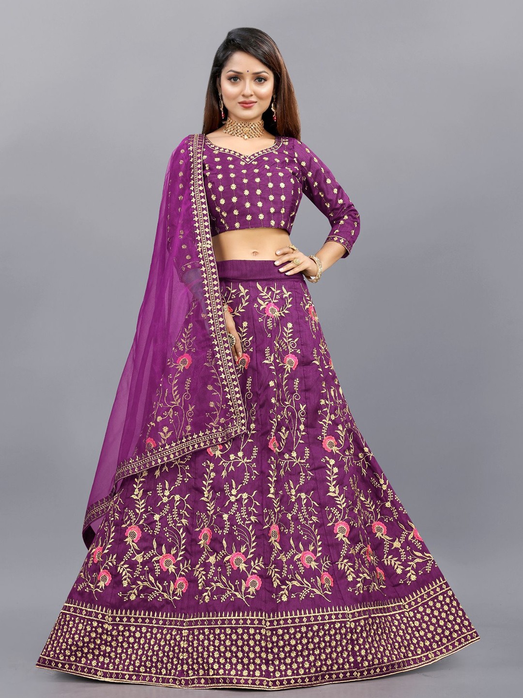 

APNISHA Embroidered Semi-Stitched Lehenga & Unstitched Blouse With Dupatta, Purple