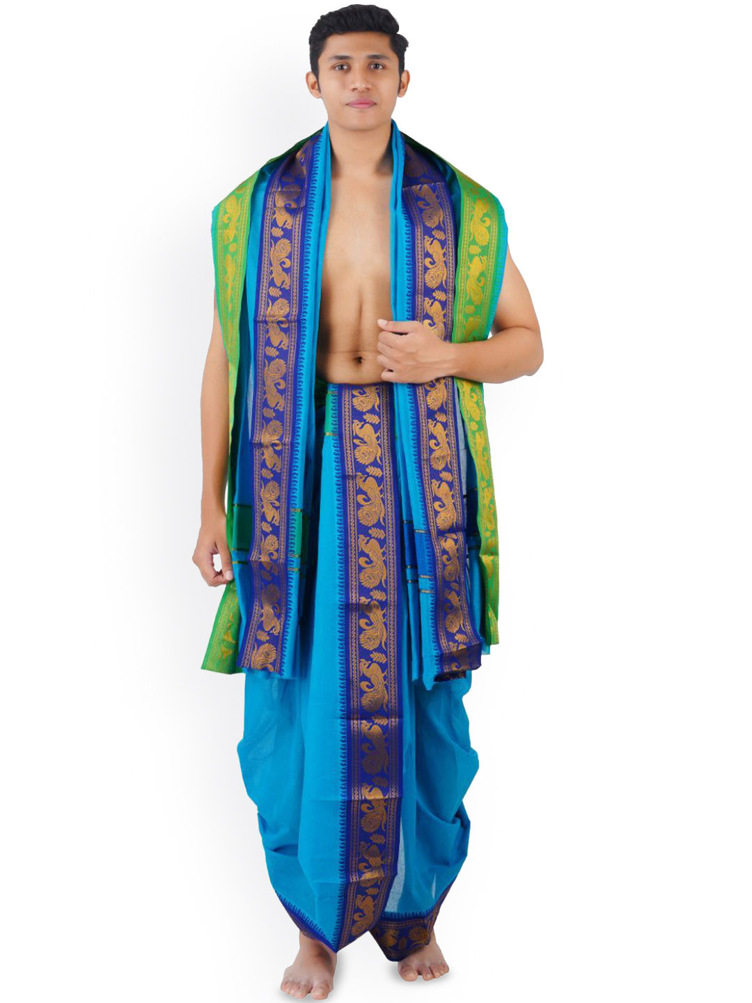 

Ethazh Men Cotton Dhotis With Angavastram, Blue