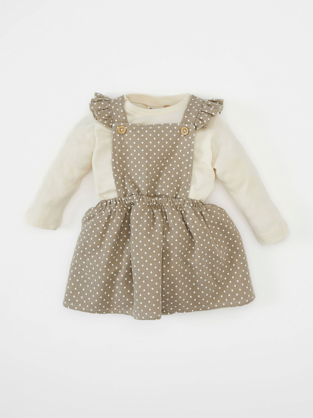 

DeFacto Girls Polka Dots Printed Dungaree With T-shirt, Beige