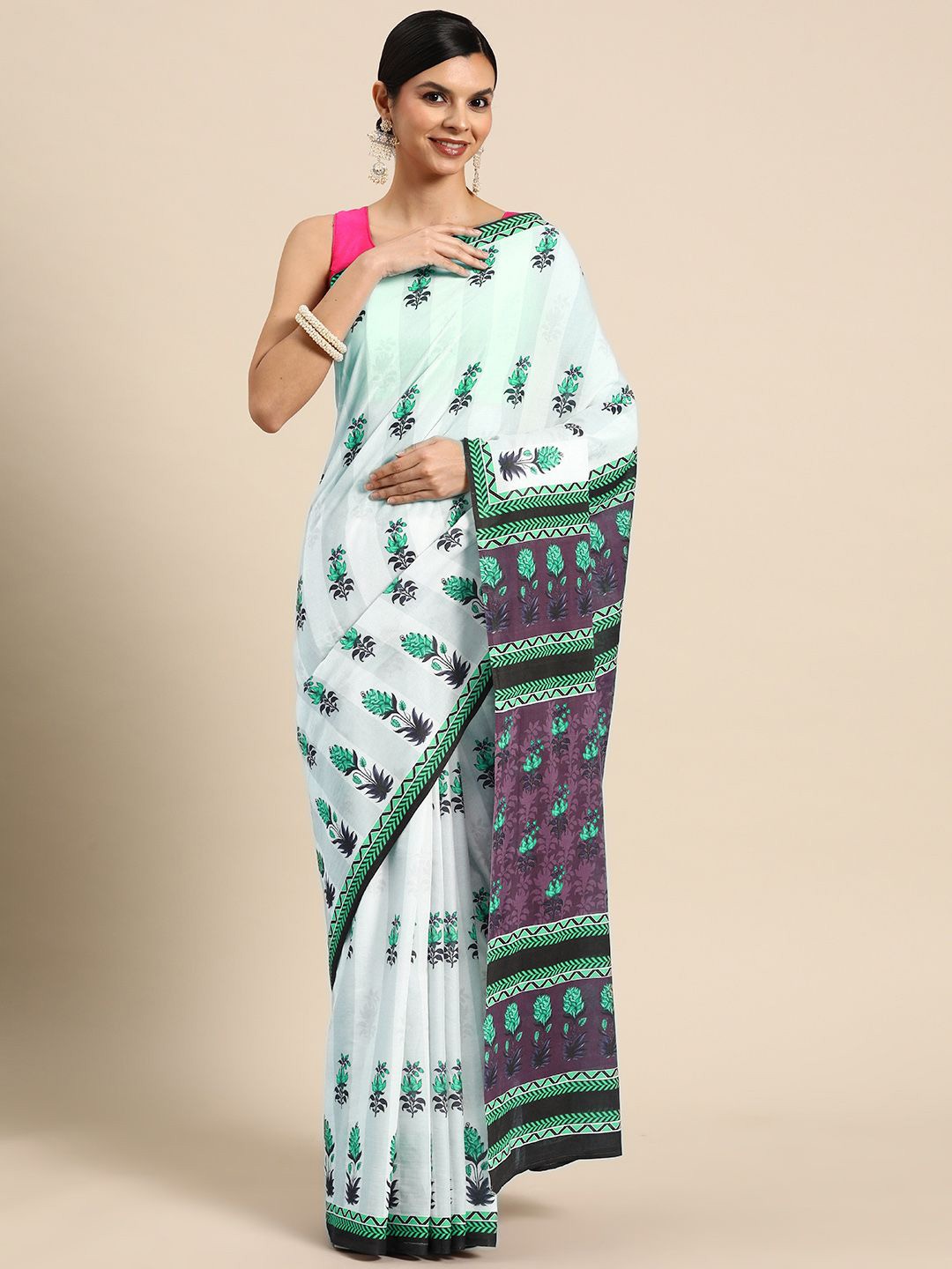 

BUTA BUTI Floral Pure Cotton Printed Saree, Sea green