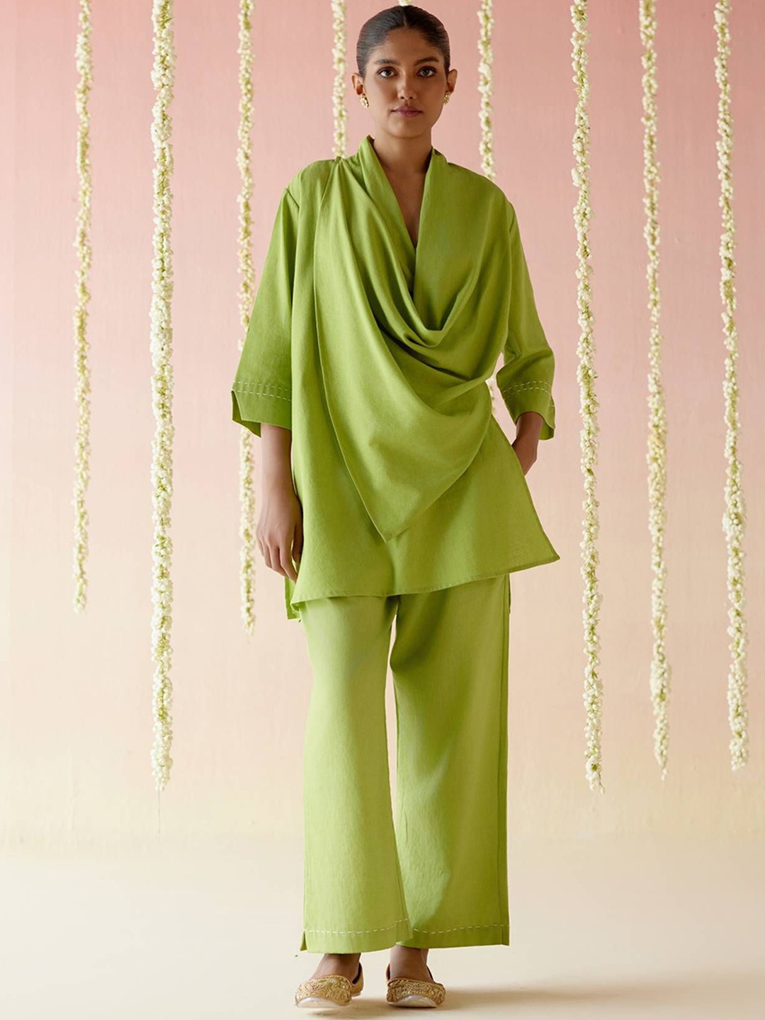 

NERO Shawl Neck Pure Cotton Draped Top With Trousers, Green