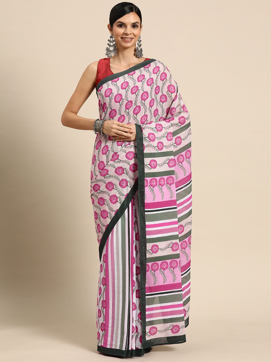 

BUTA BUTI Floral Printed Pure Cotton Saree, Pink