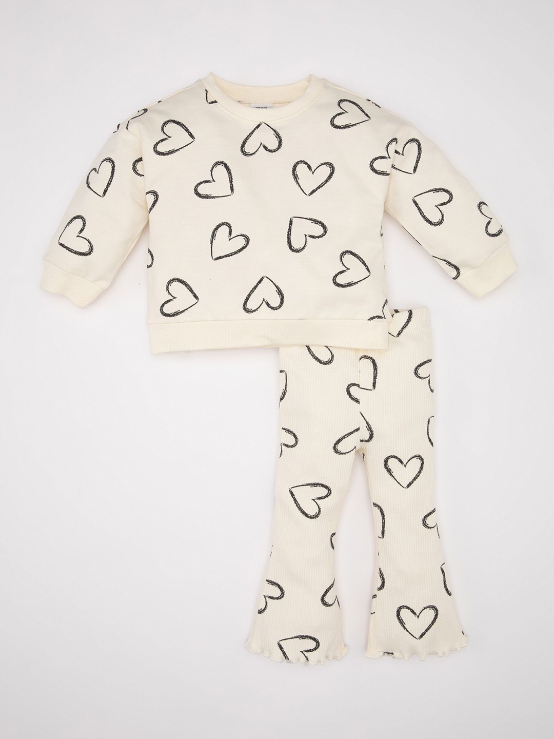 

DeFacto Girls Printed Pure Cotton Sweatshirt & Trousers, Cream