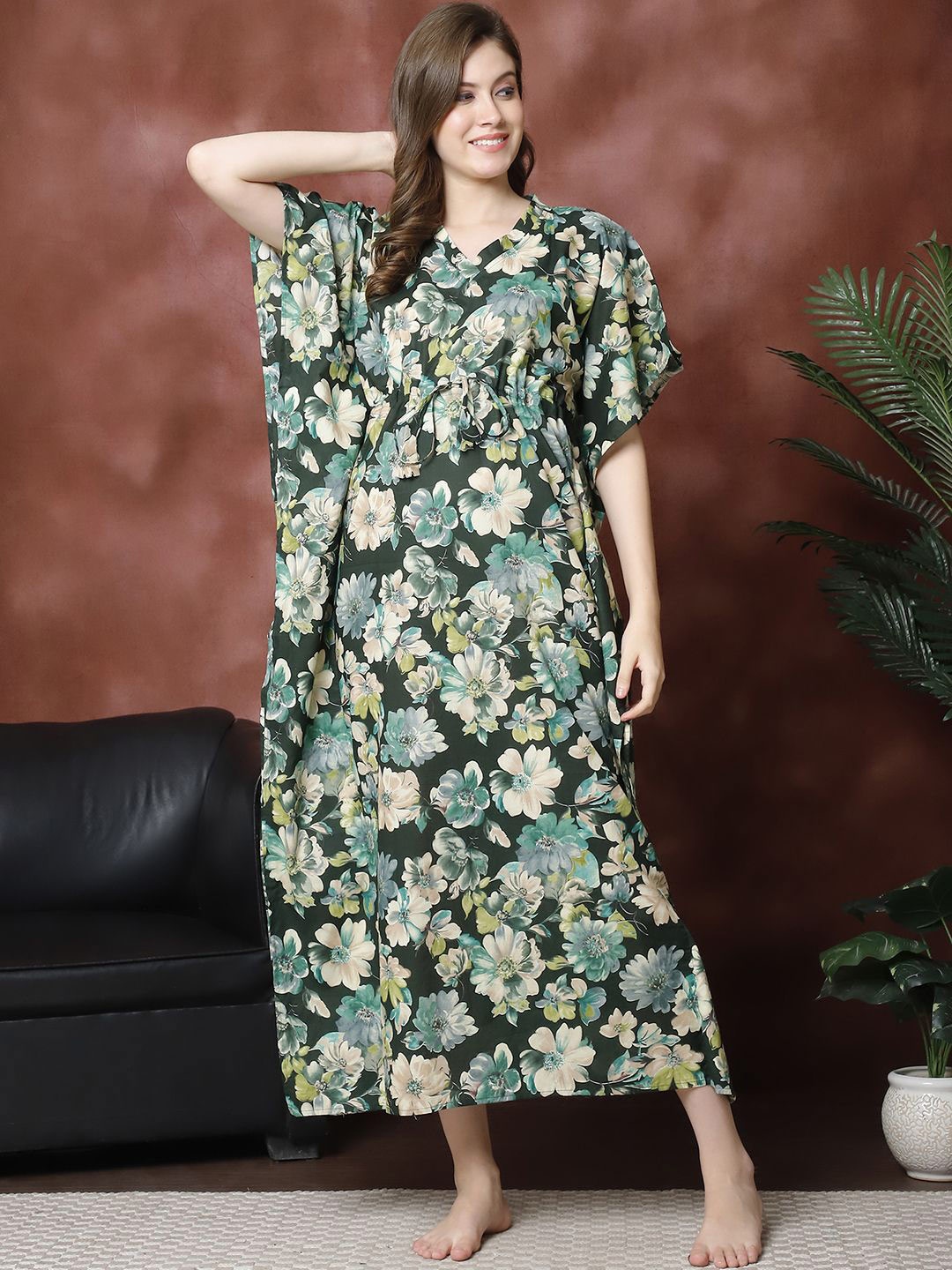 

Claura Printed Pure Cotton Maxi kaftan Nightdress, Green