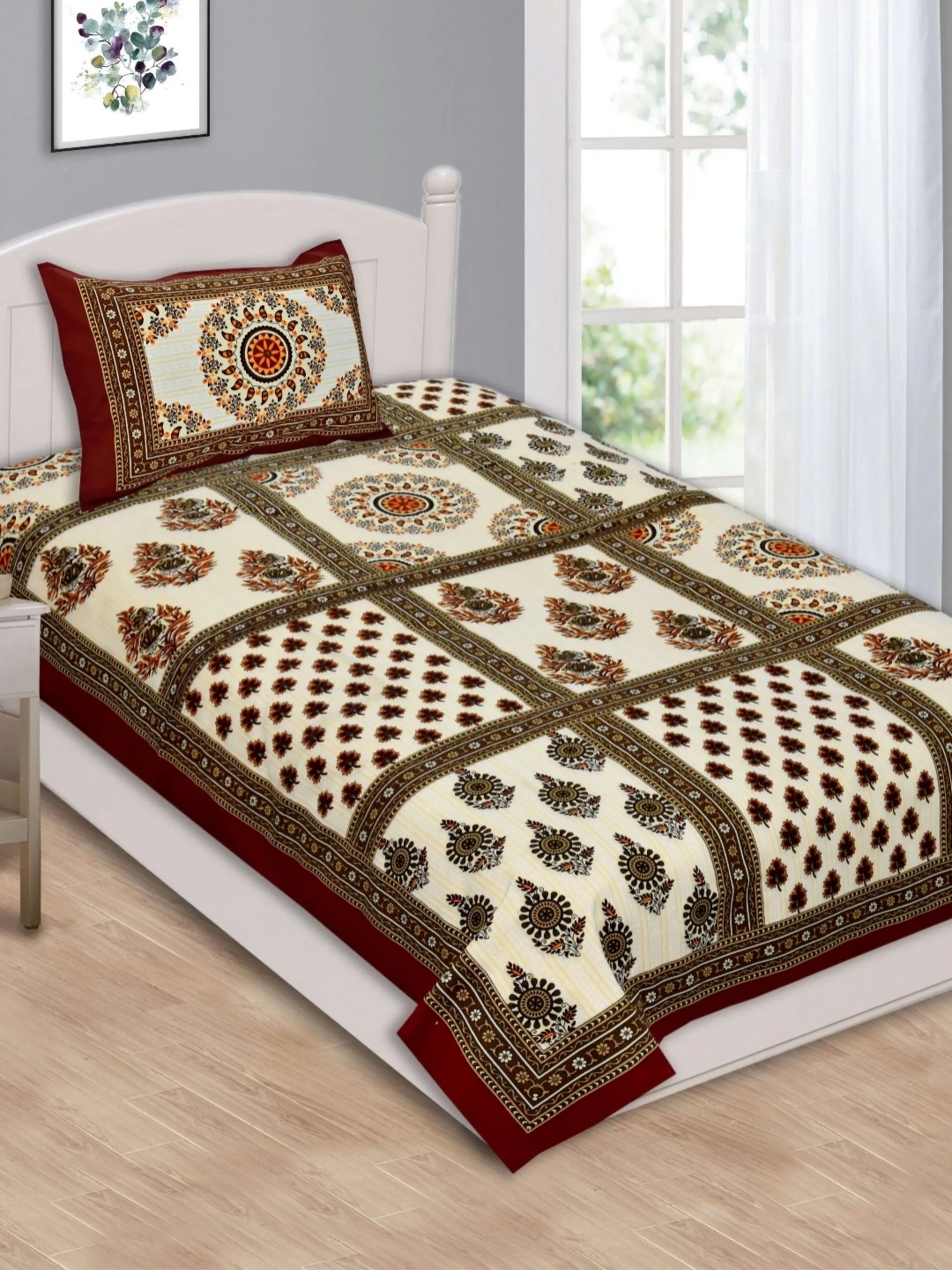 

LIVING ROOTS Green & White Ethnic Motifs Cotton 144 TC Single Bedsheet with 1 Pillow Cover