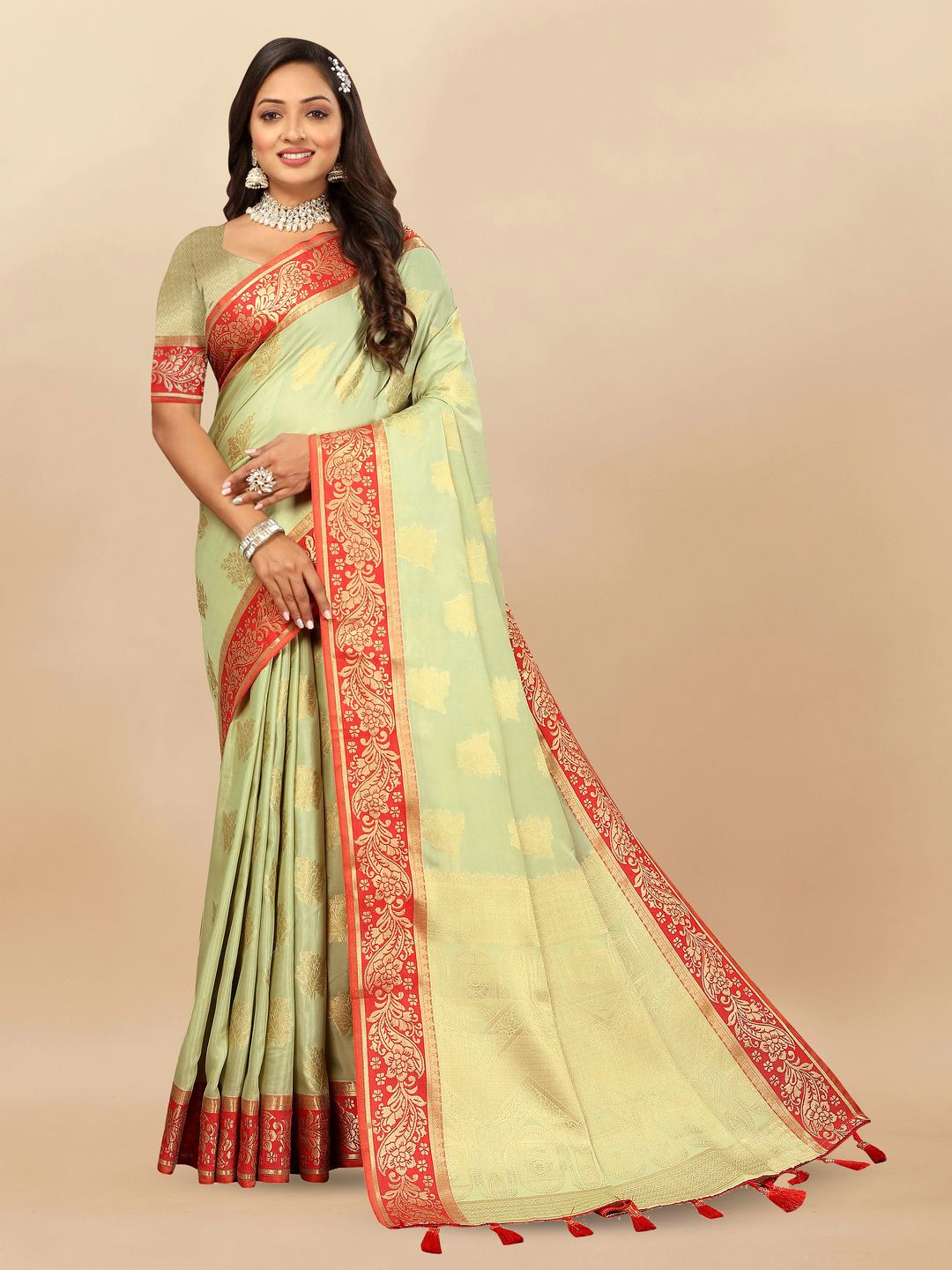 

MOKSHA DESIGNS Woven Design Zari Pure Silk Banarasi Saree, Lime green