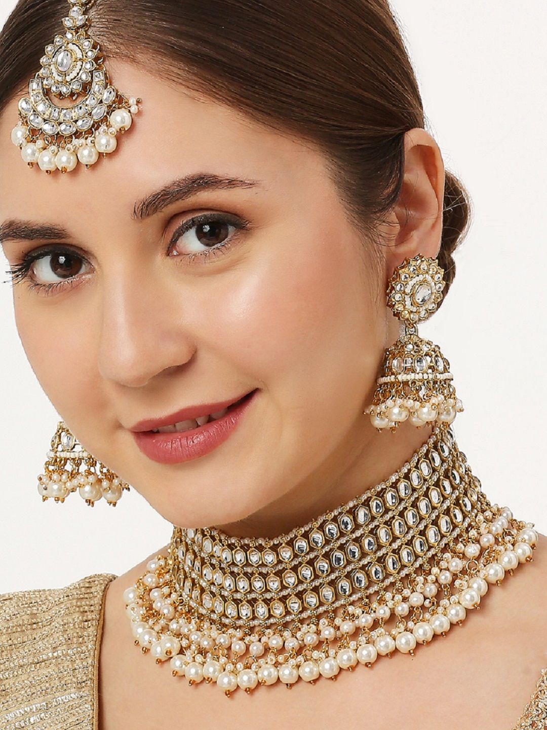 

Anouk Kundan Stones-Studded & Beaded Necklace And Earrings With Maang Tika, Gold