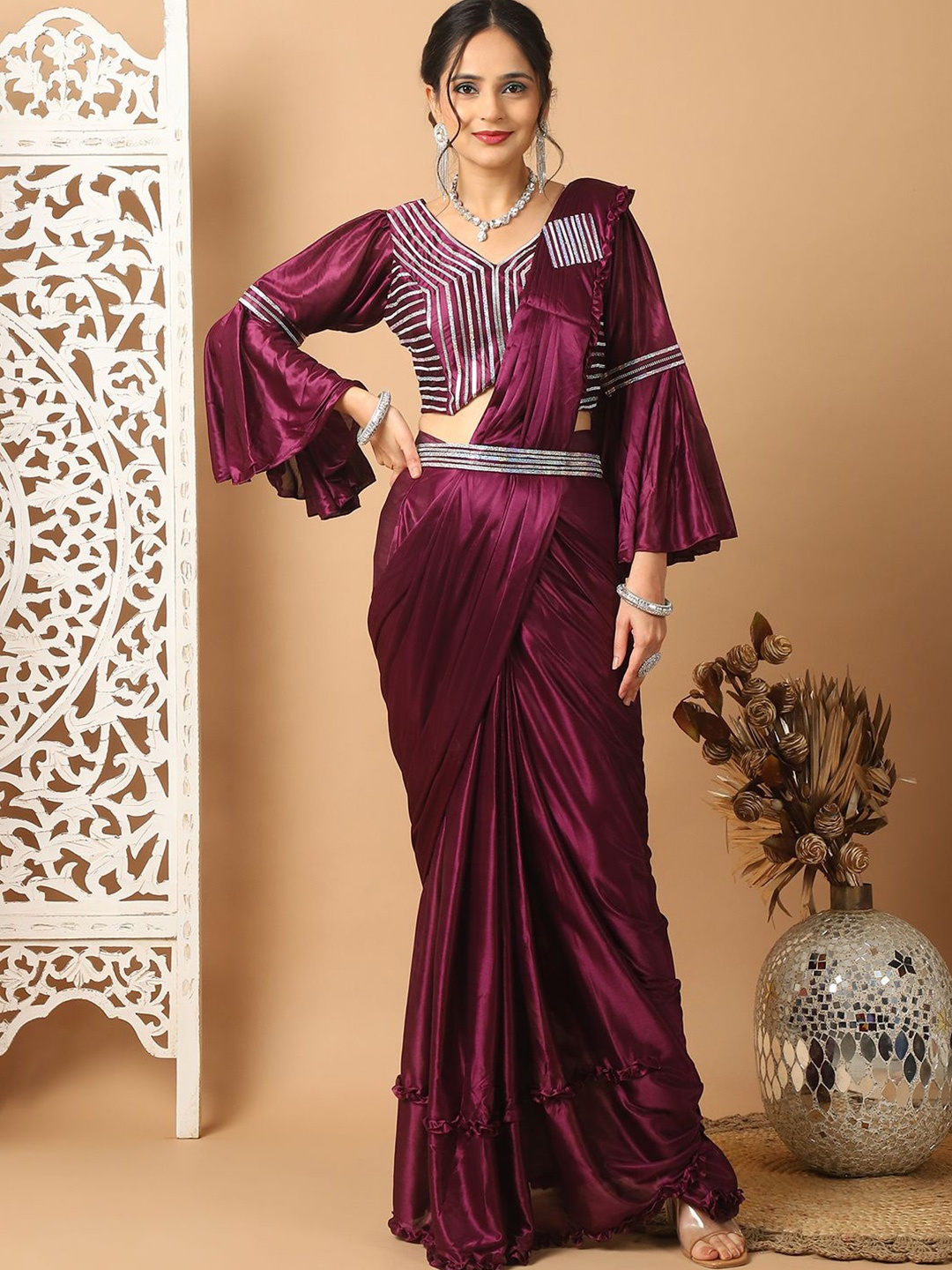

Grancy Beads and Stones Ready to Wear Leheriya Saree, Burgundy