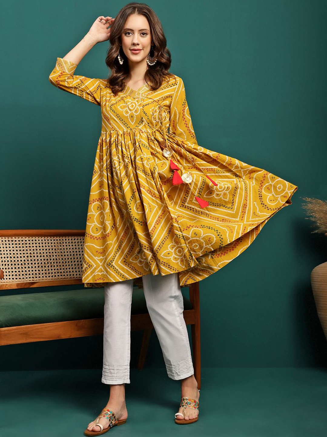 

Sangria Bandhani Printed Pure Cotton Anarkali Kurta With Trousers, Mustard