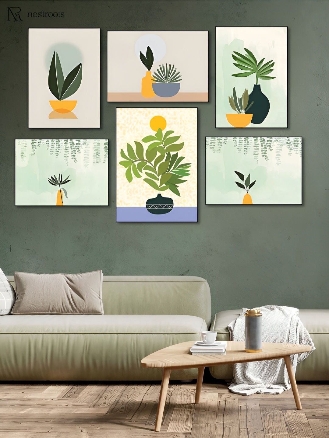 

nestroots Graceful Plant and Elegant Vase Green & White 6 Piece Canvas Wall Paintings