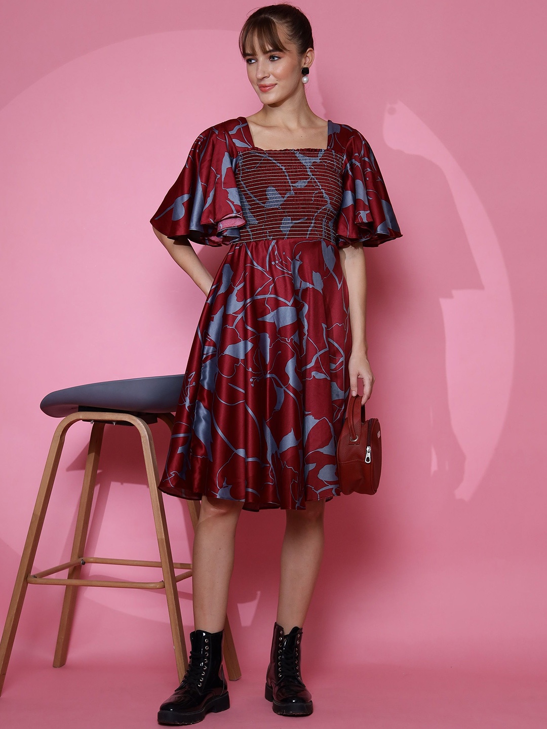

SHEETAL Associates Abstract Print Satin Fit & Flare Midi Dress, Maroon