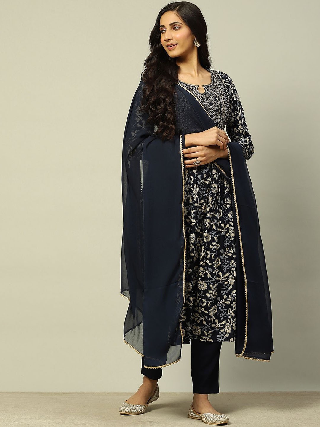 

Rangriti Floral Embroidered Sequinned Straight Kurta with Trousers & With Dupatta, Blue