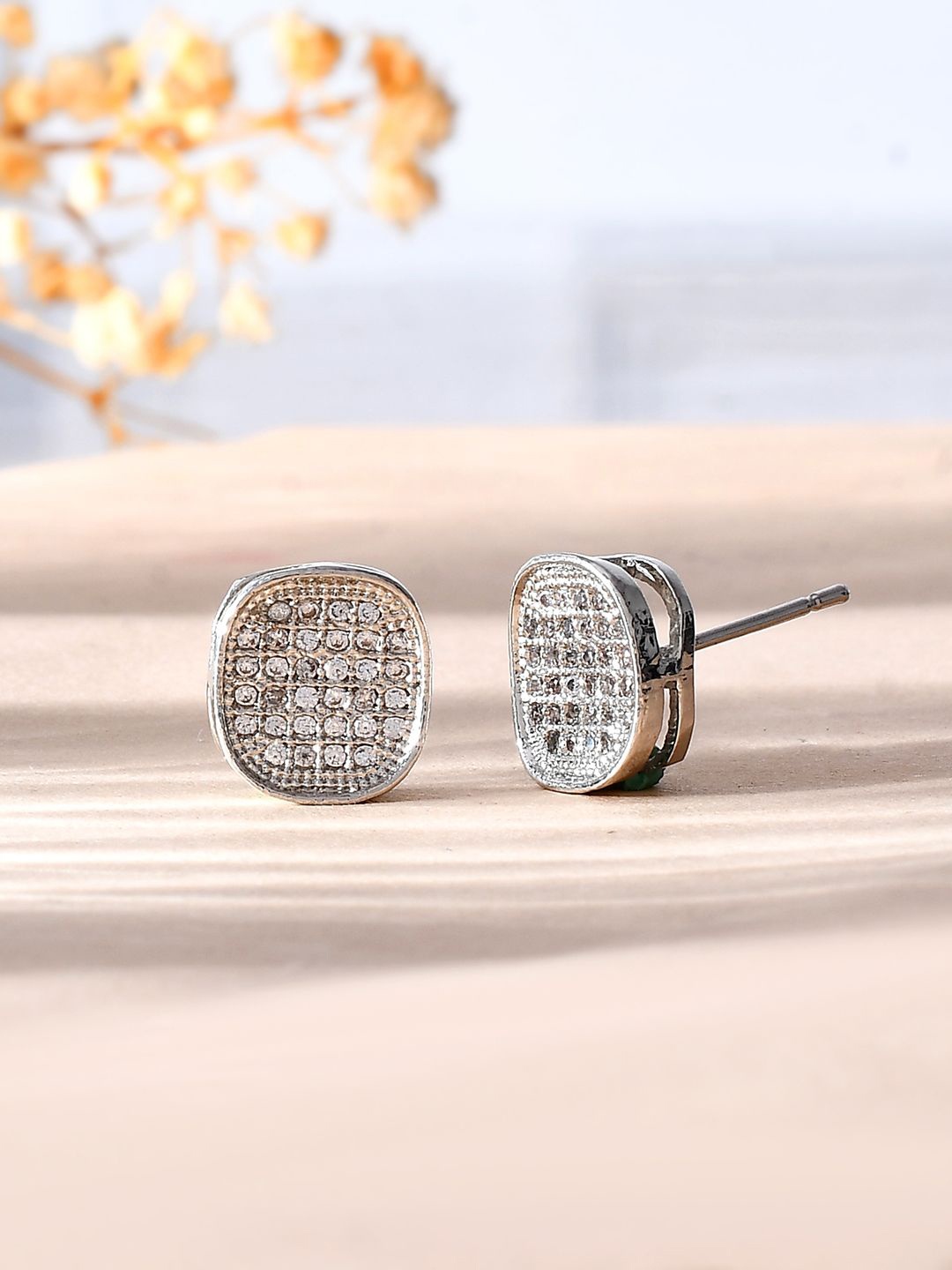

Voylla Rhodium-Plated American Diamond Studded Contemporary Studs Earrings, Silver