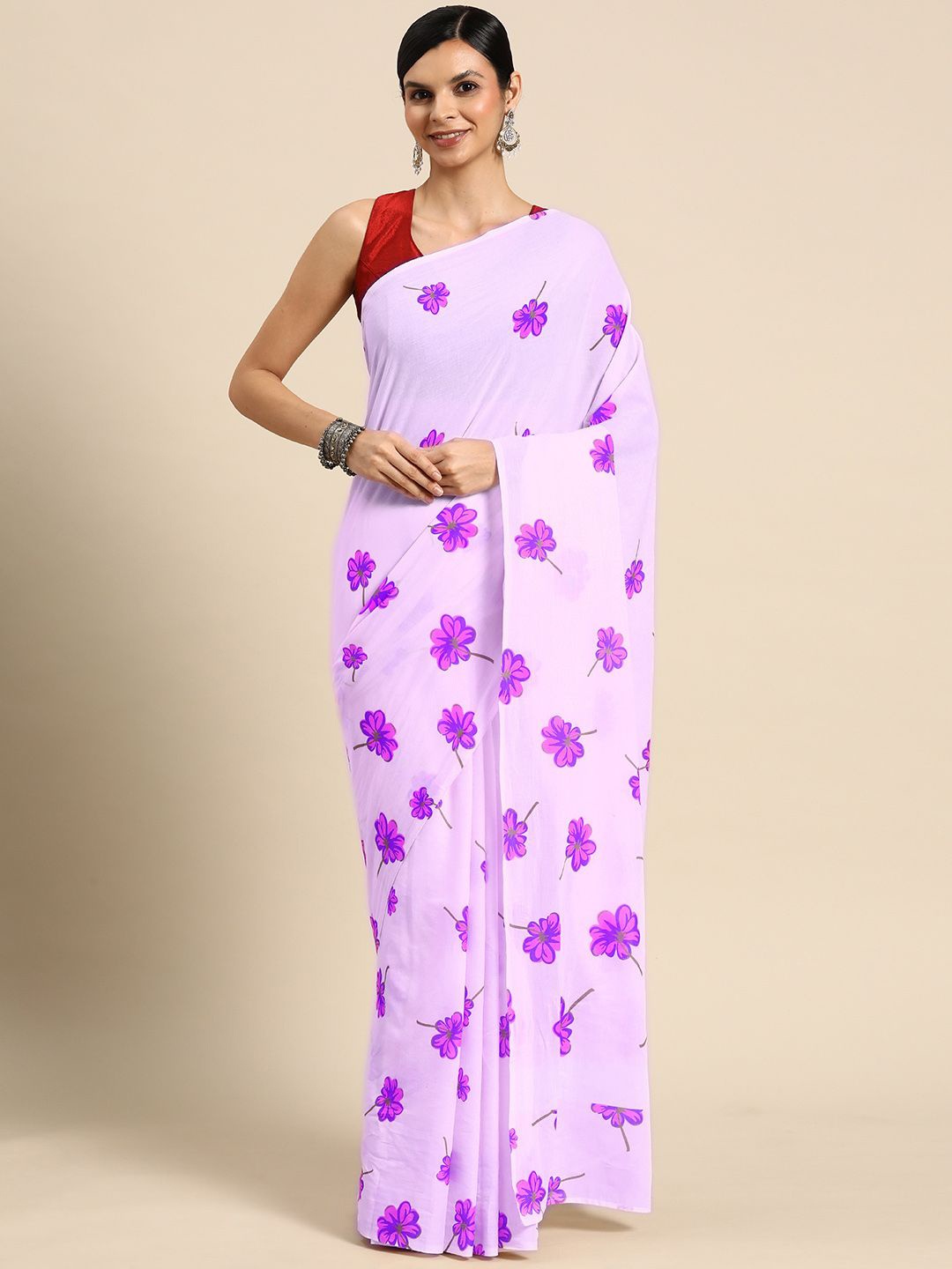 

BUTA BUTI Floral Printed Pure Cotton Saree, Purple