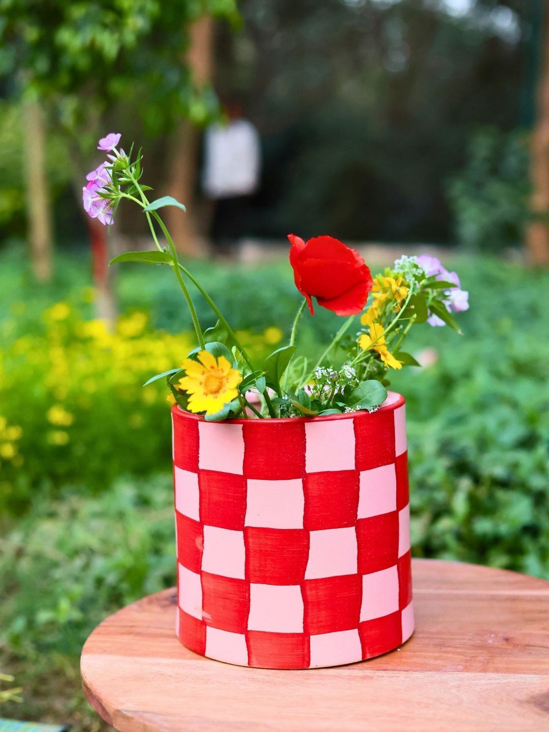 

WEAVING HOMES Red & White Checked Ceramic Round Shaped Planters