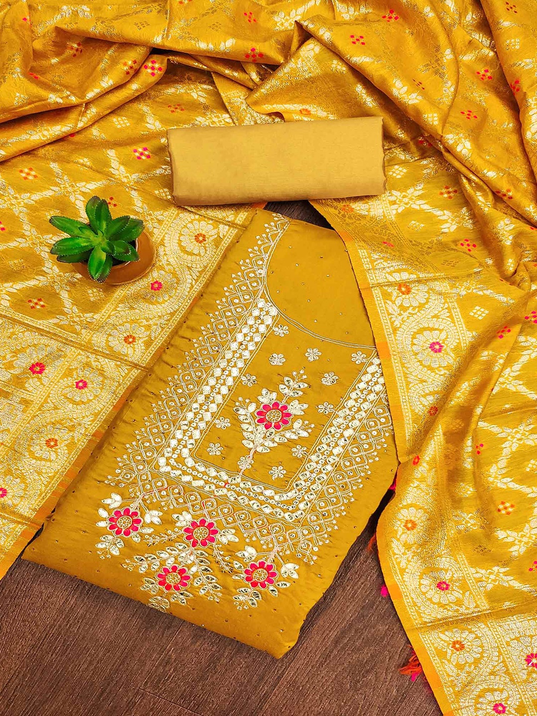 

Peachmode Floral Embroidered Beads & Stones Unstitched Dress Material, Mustard